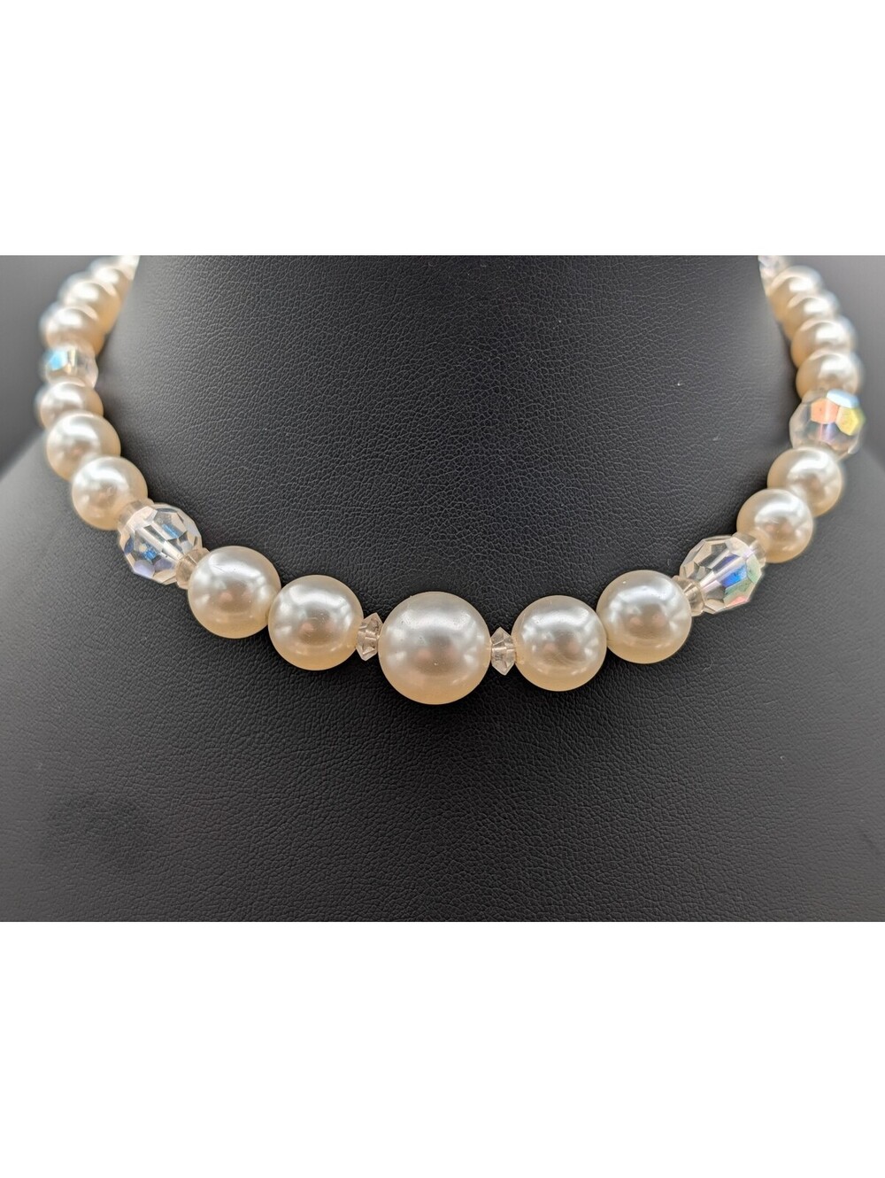 Vintage 1950s Graduated Faux Pearl AB Crystal Beads Choker Necklace J Hook 16"